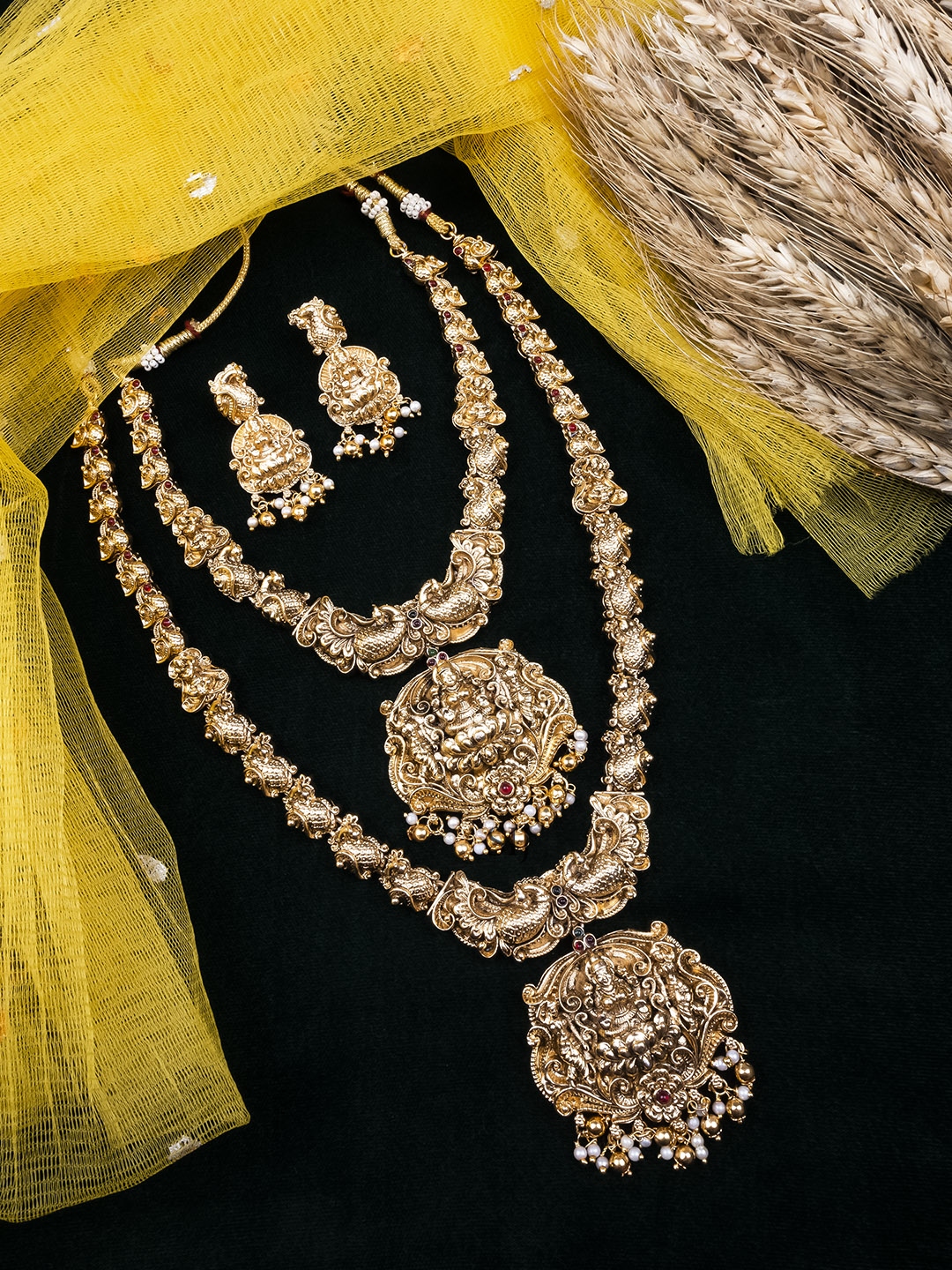 Graceful Temple Combo Golden Beads Stone Jewellery Set