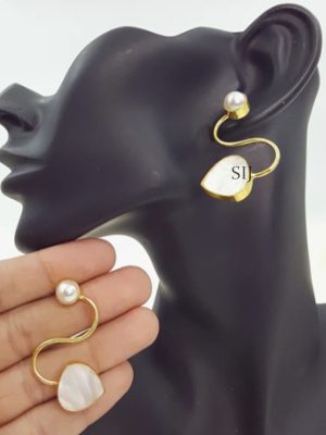 Round Shape Pearl Stone Leaf Design Earrings