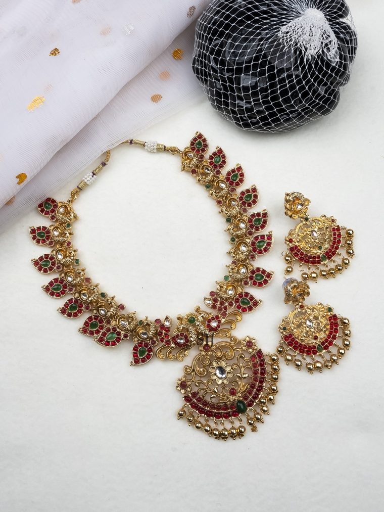 Shimmering Ruby Green Mango Patti Necklace set