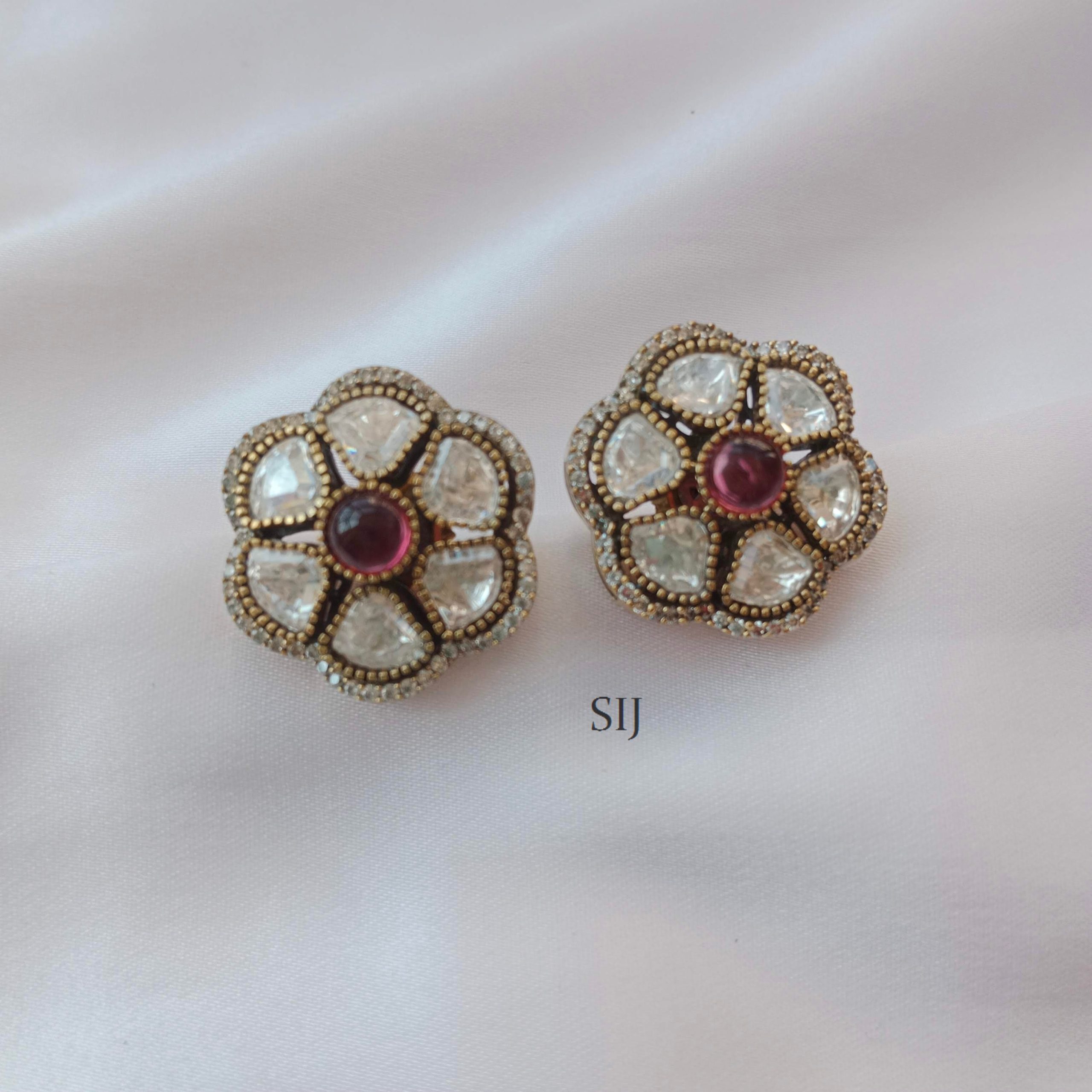 Shimmering Victorian Flower Ruby Stone Stud - South India Jewels