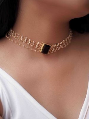 Trendy Black Stone Multi Layers White Pearls Choker