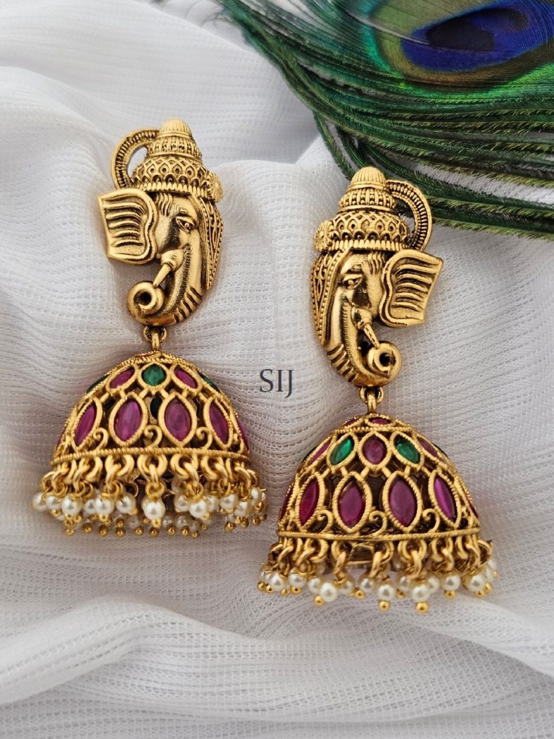 Unique Antique Kemp Stone Ganesh Jhumkas