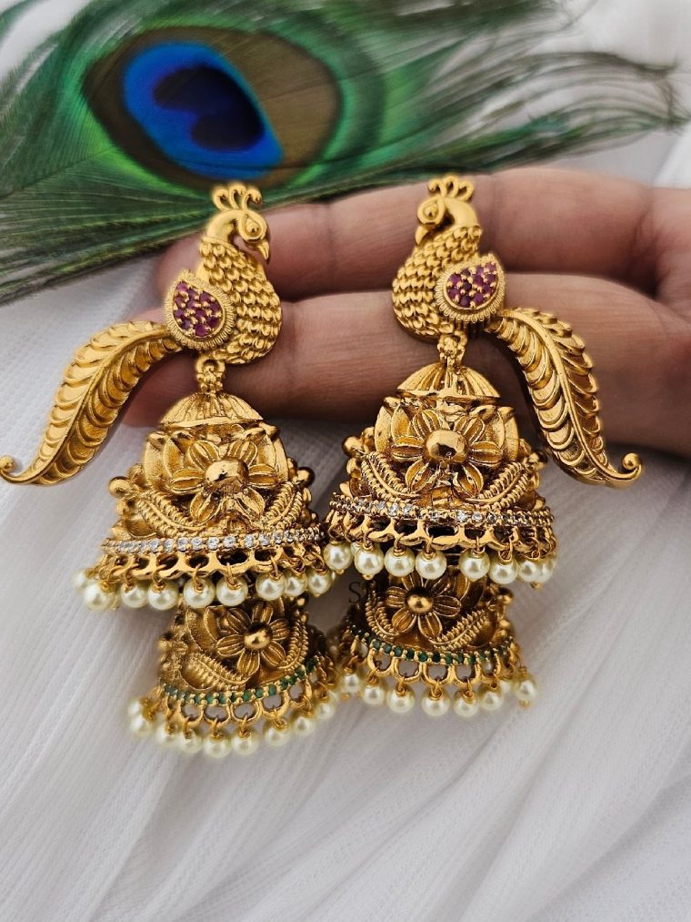 Unique CZ Ruby Stone Peacock Jhumkas