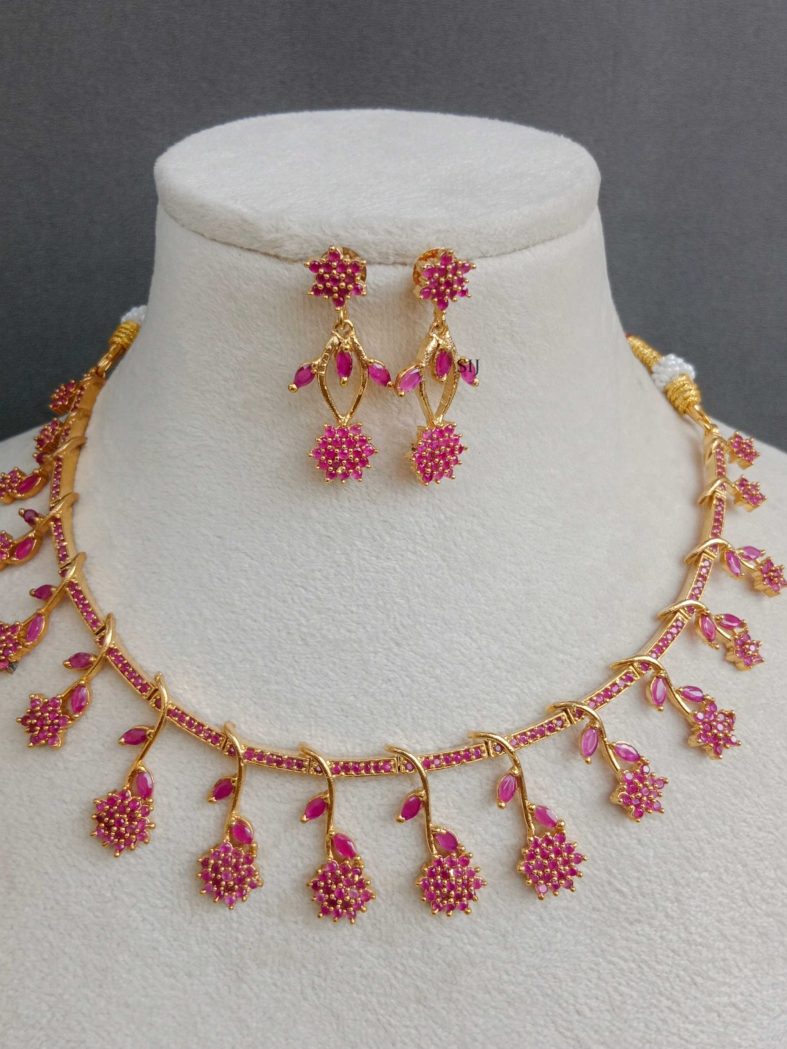 Traditional Flower Design Ruby and Emerald Leaves Necklace