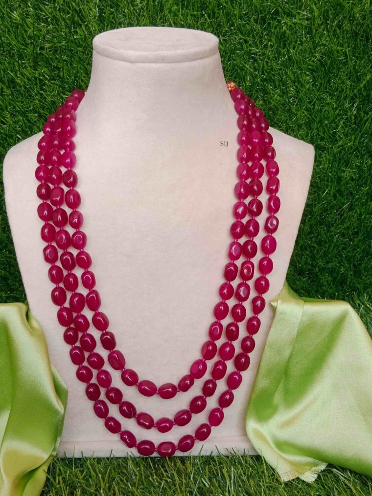 Artificial Three Layers Dark Pink Beads Necklace