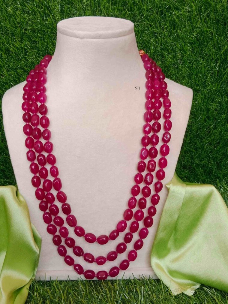 Artificial Three Layers Dark Pink Beads Necklace