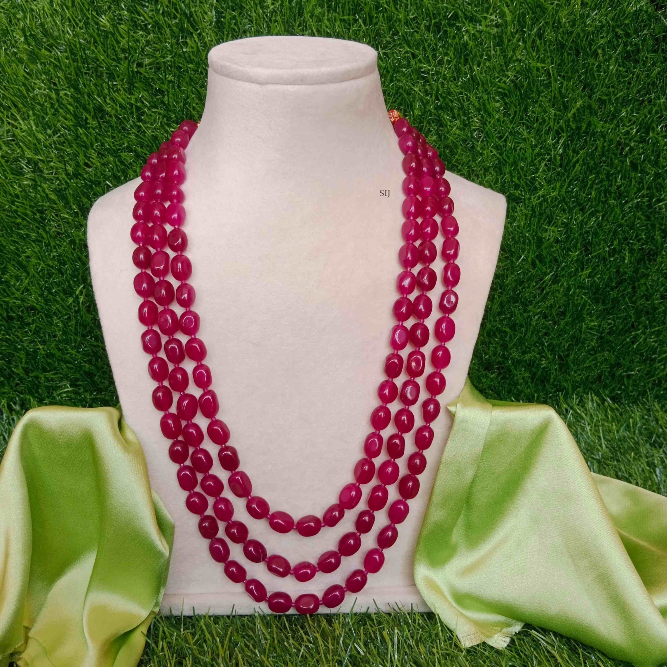 Artificial Three Layers Dark Pink Beads Necklace