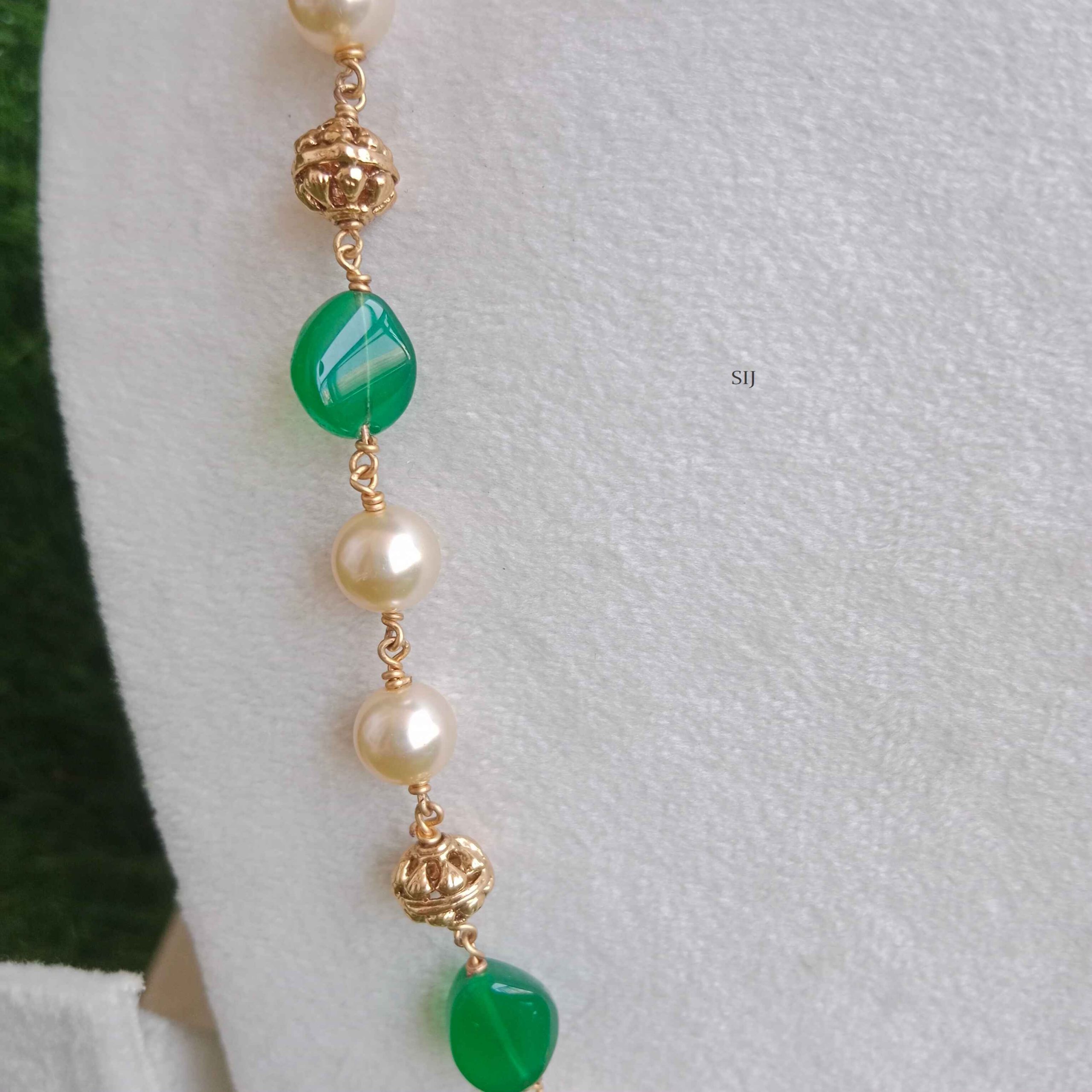 Gold Covering Pearls Mala with Green/Purple Beads