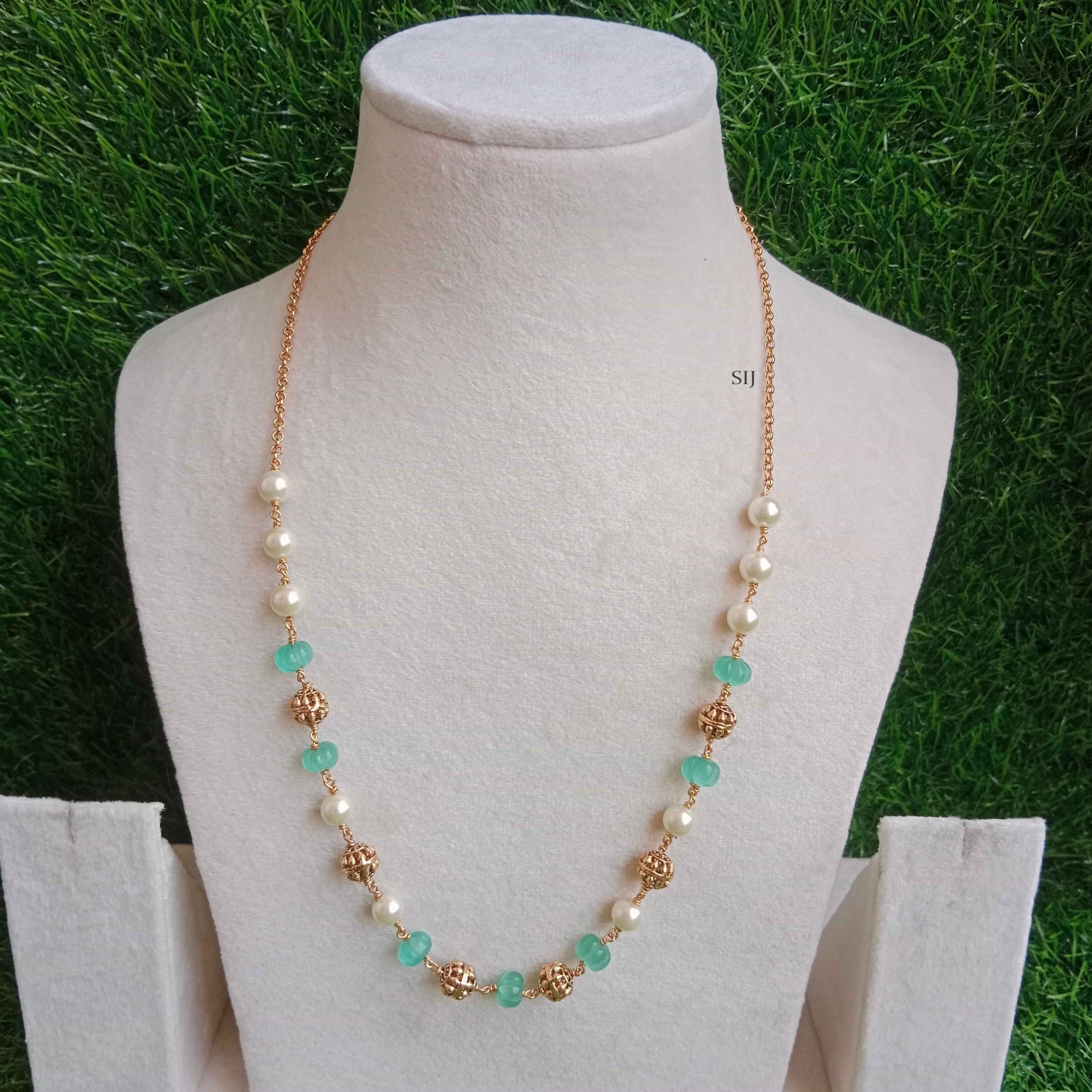 Imitation Pearls Mala with Green/Pink Pumpkin Beads