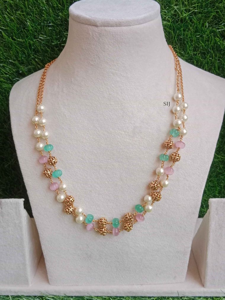 Imitation Pearls Mala with Green/Pink Pumpkin Beads