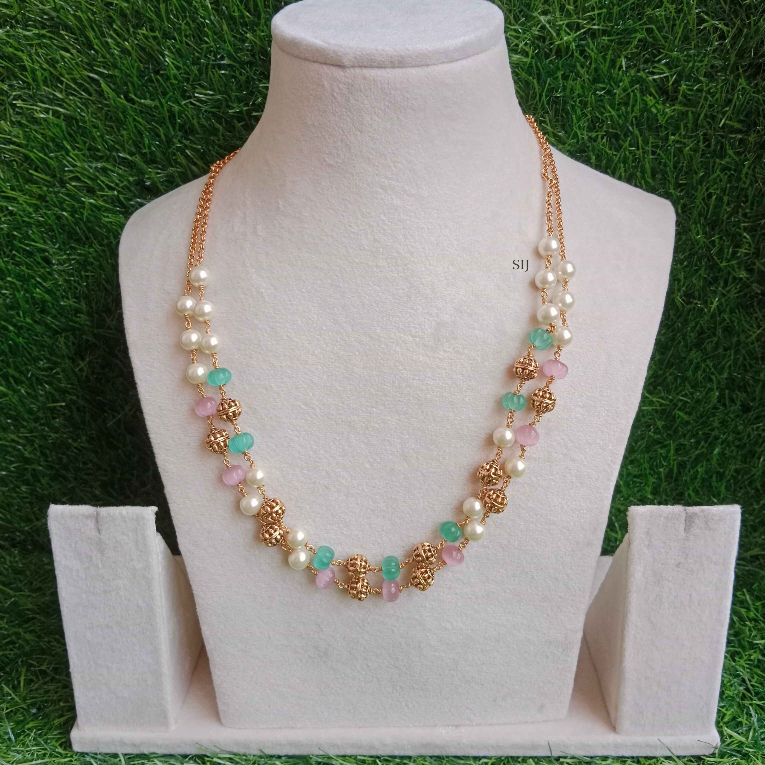 Imitation Pearls Mala with Green/Pink Pumpkin Beads