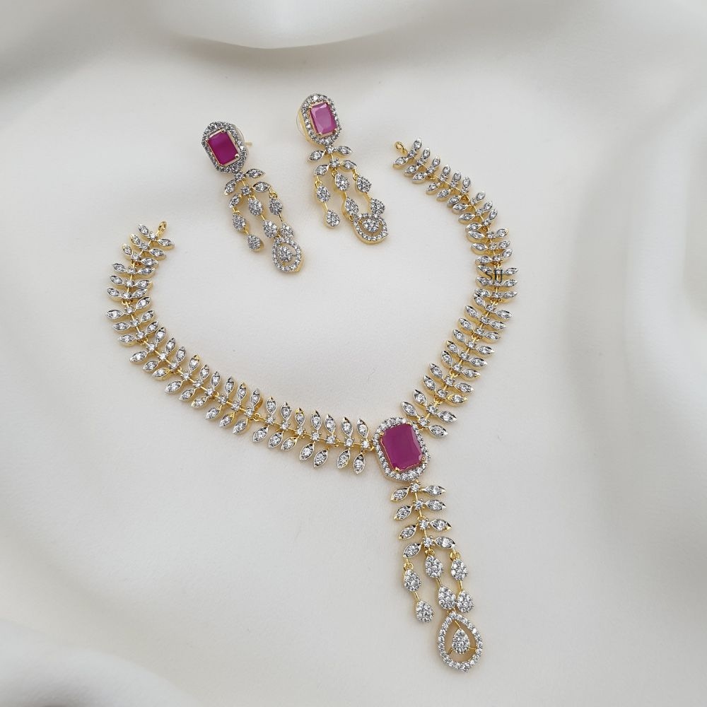 Artificial Leaf Design CZ and Ruby Stones Necklace