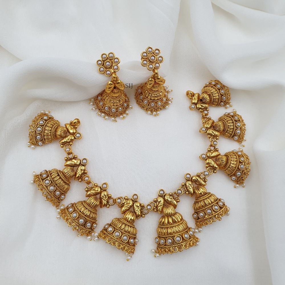 Gold Covering Dual Peacock Jhumka Necklace