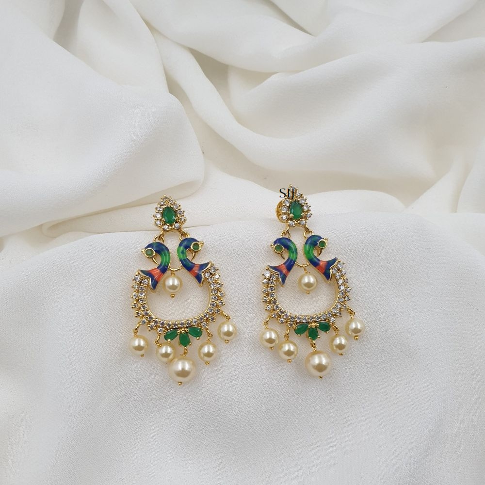 Traditional Dual Peacock Pearl Hanging Earrings