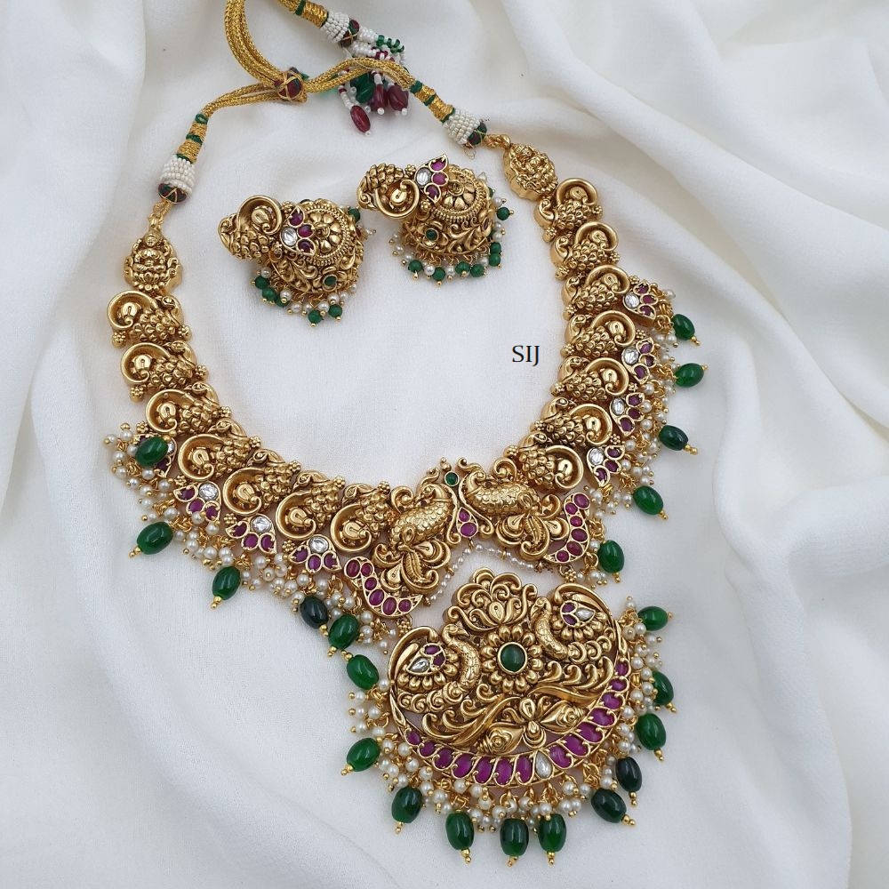 Gold Finish Peacock Design Green Beads Necklace
