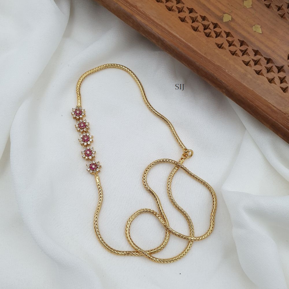 Gold Polish Floral Design Ruby and White Stone Mugappu Chain