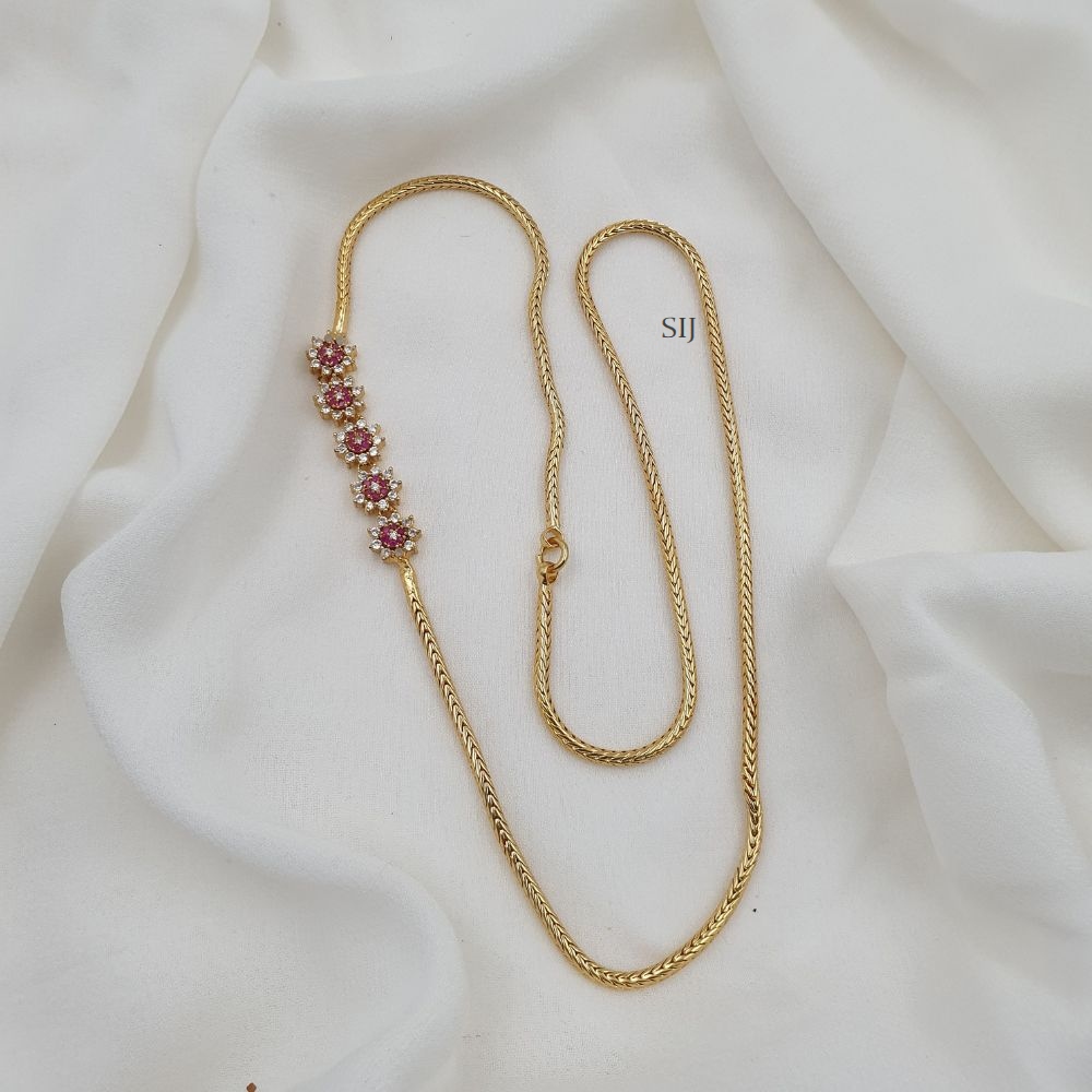 Gold Polish Floral Design Ruby and White Stone Mugappu Chain