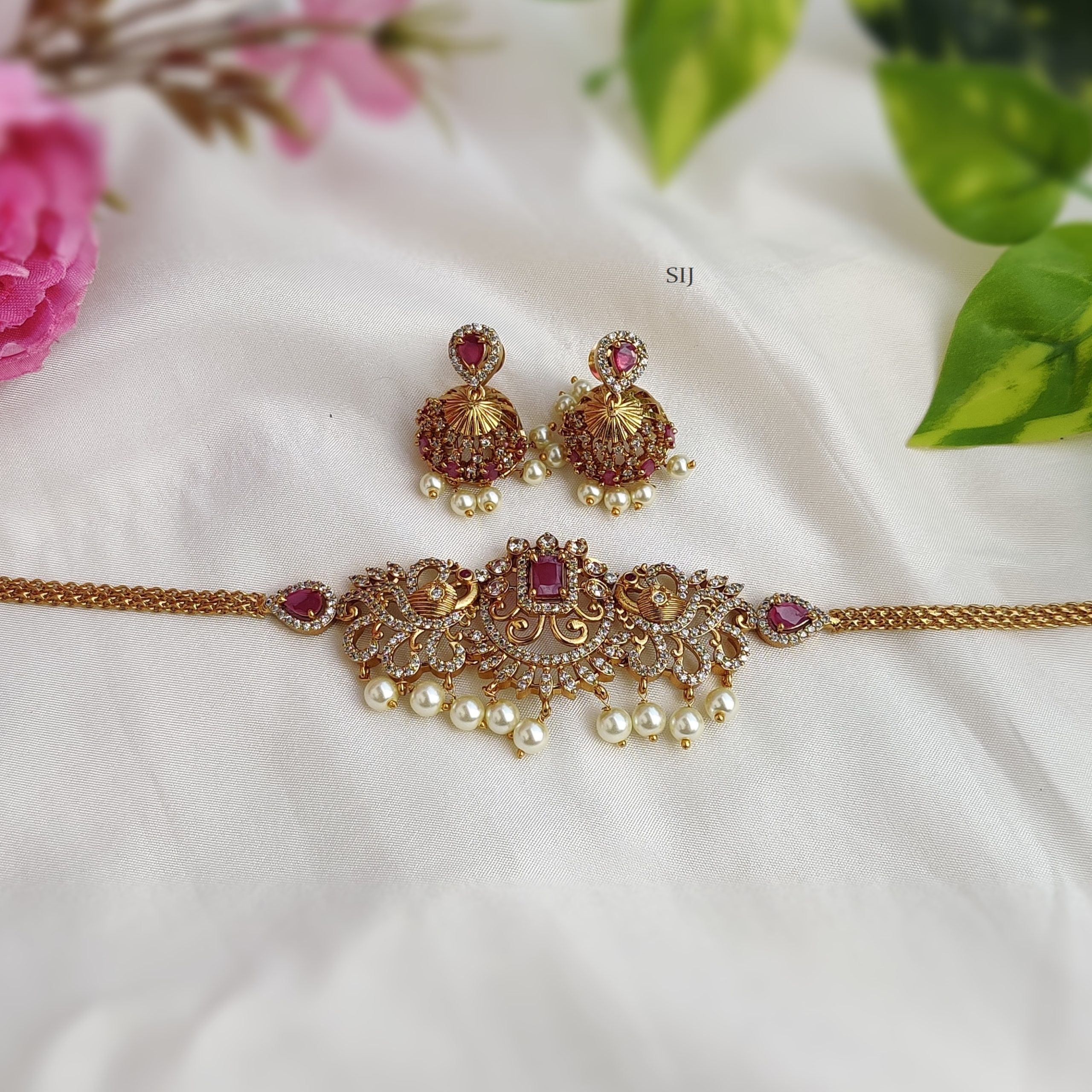 Gold Plated Dual Peacock Ruby and White Stones Choker