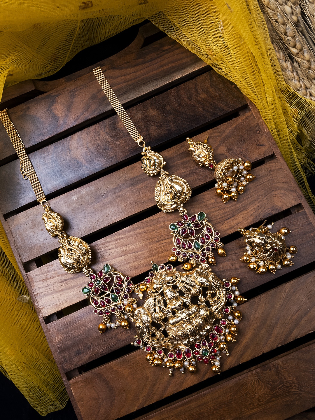 Alluring Green Beads Lakshmi Necklace Set