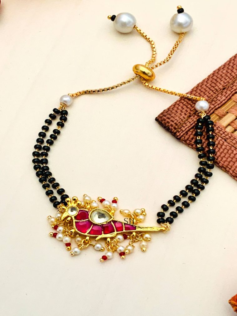 Imitation Pink Parrot Kundan Hand Bracelet (Hand Mangalsutra)