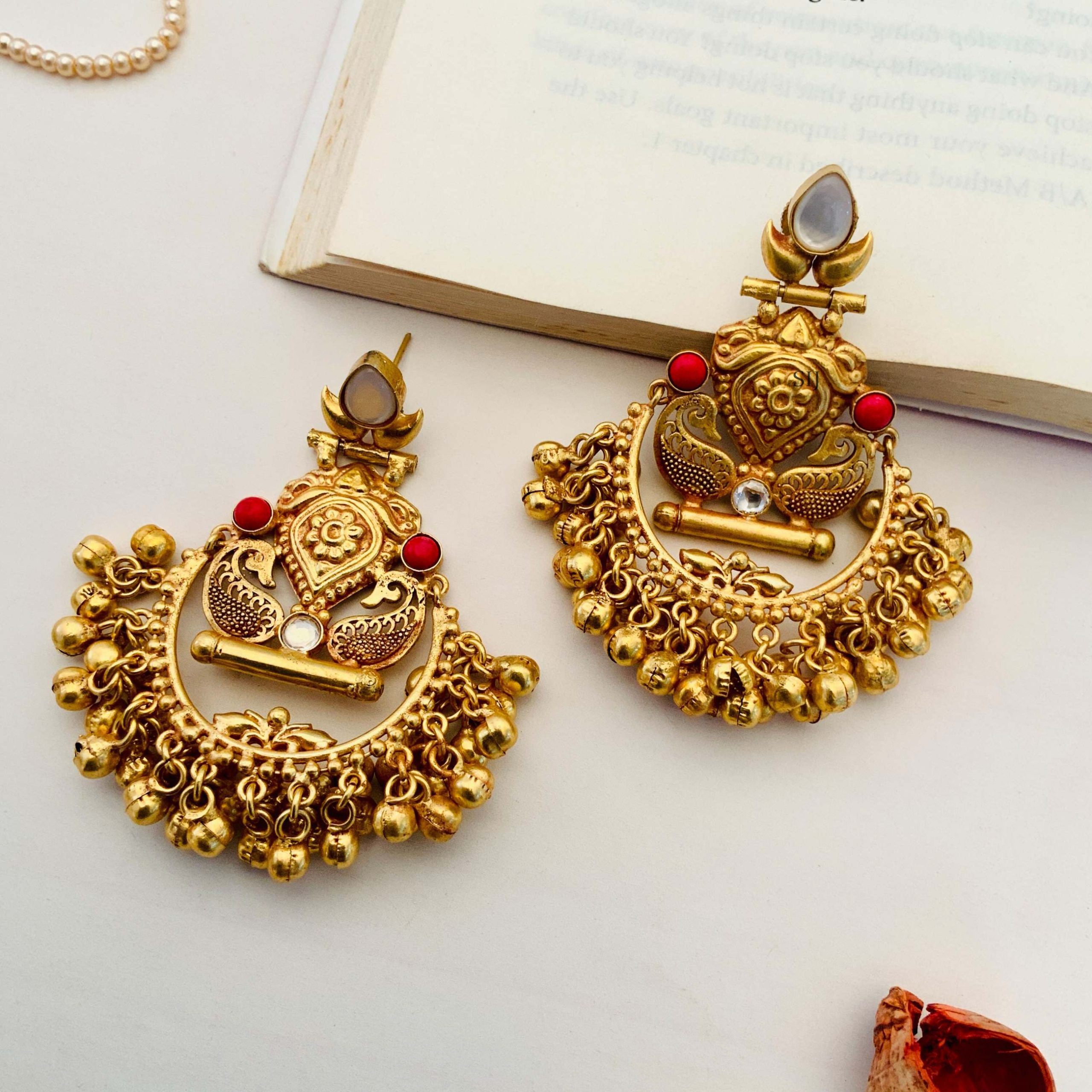 Gold Finish Chand Bali Earrings with Gold Beads