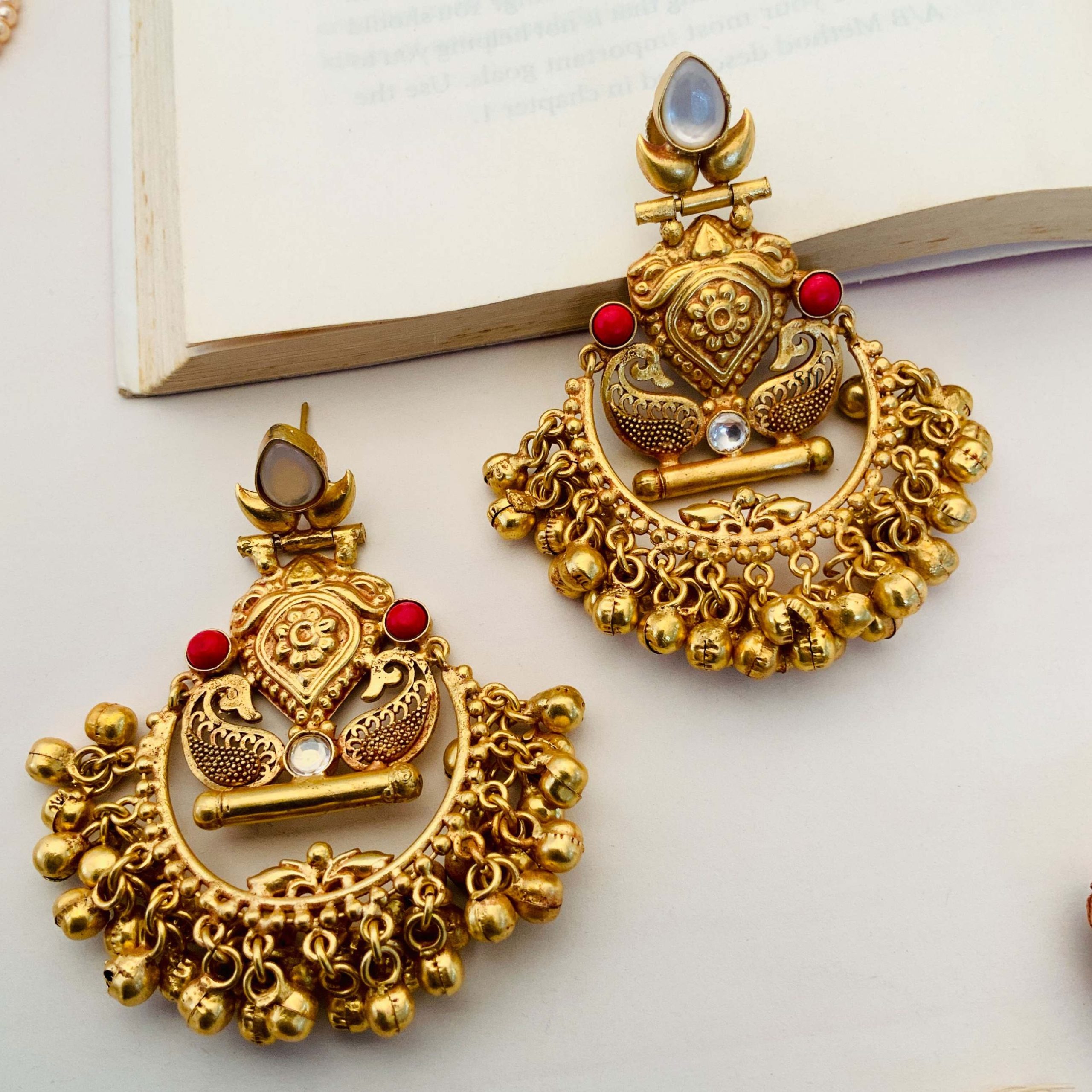 Gold Finish Chand Bali Earrings with Gold Beads