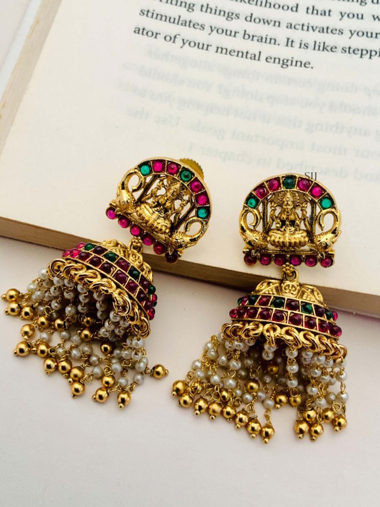 Antique Lakshmi Jhumkas with Pearl and Gold Beads Hanging