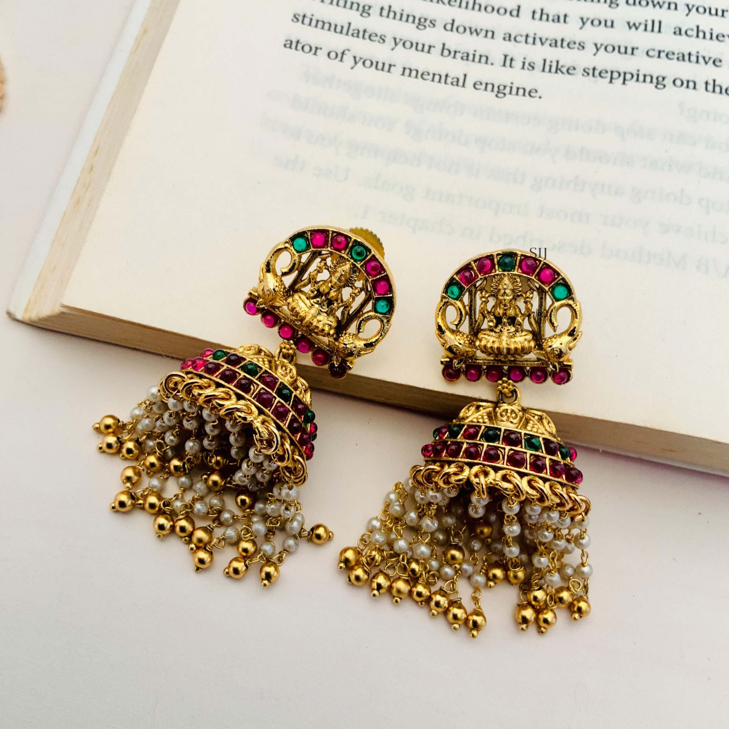 Antique Lakshmi Jhumkas with Pearl and Gold Beads Hanging