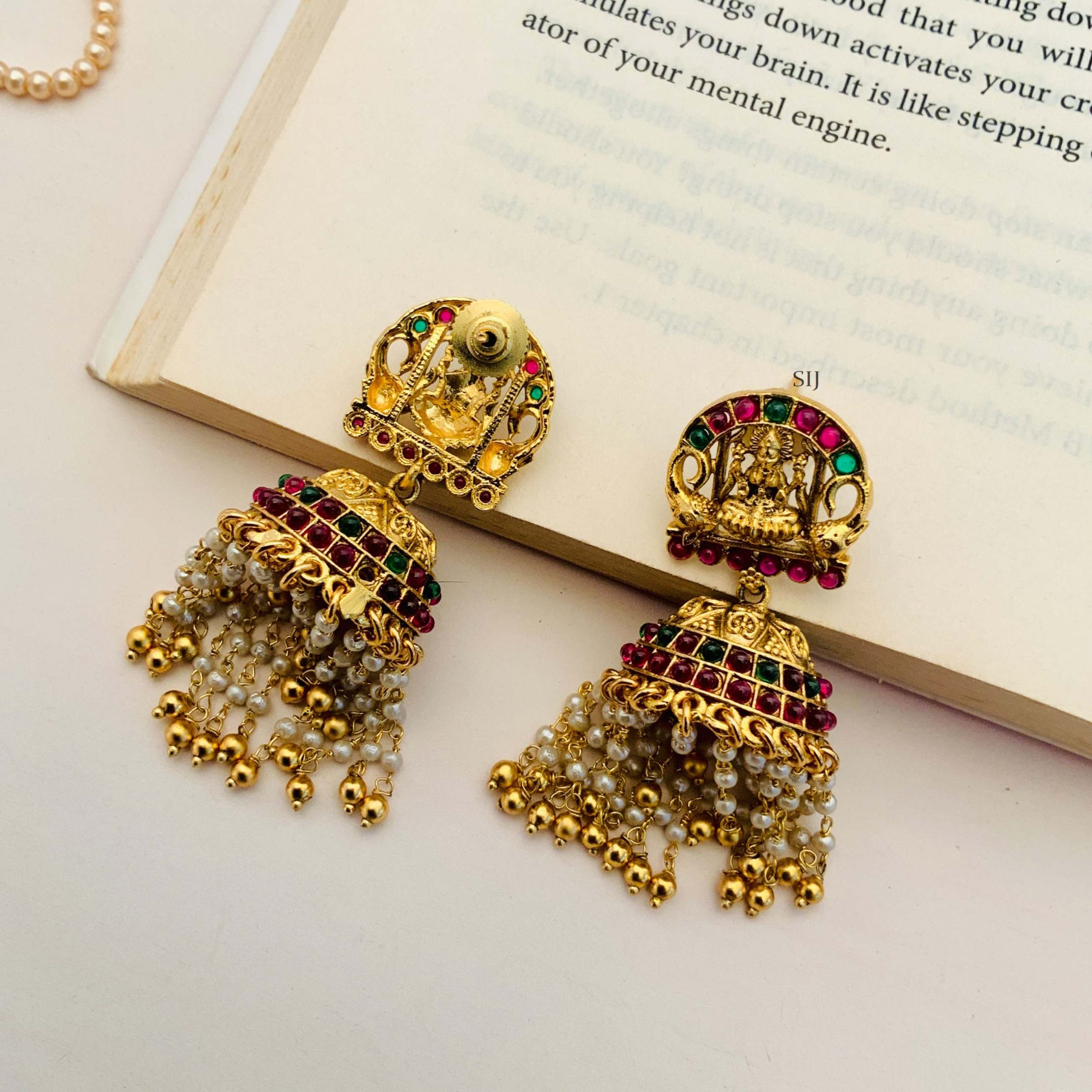 Antique Lakshmi Jhumkas with Pearl and Gold Beads Hanging