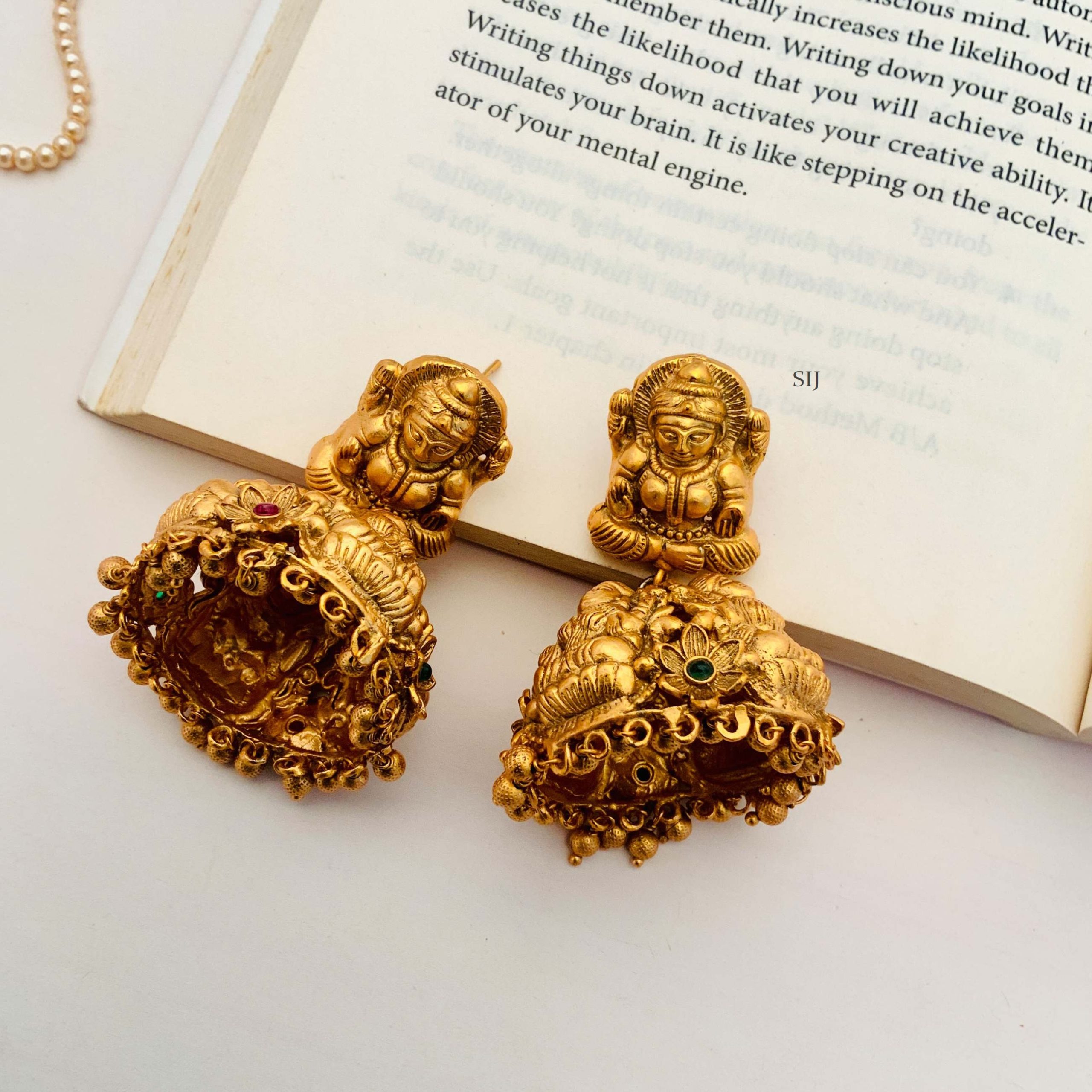 Gold Plated Lakshmi Jhumkas with Gold Beads
