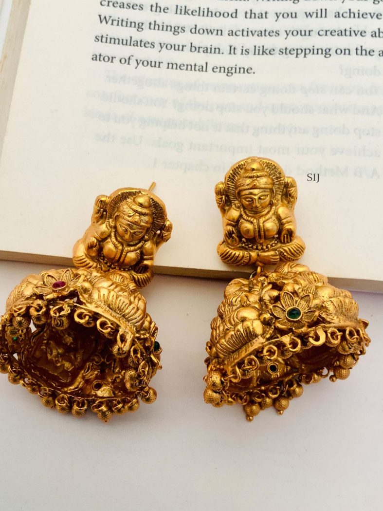 Gold Plated Lakshmi Jhumkas with Gold Beads