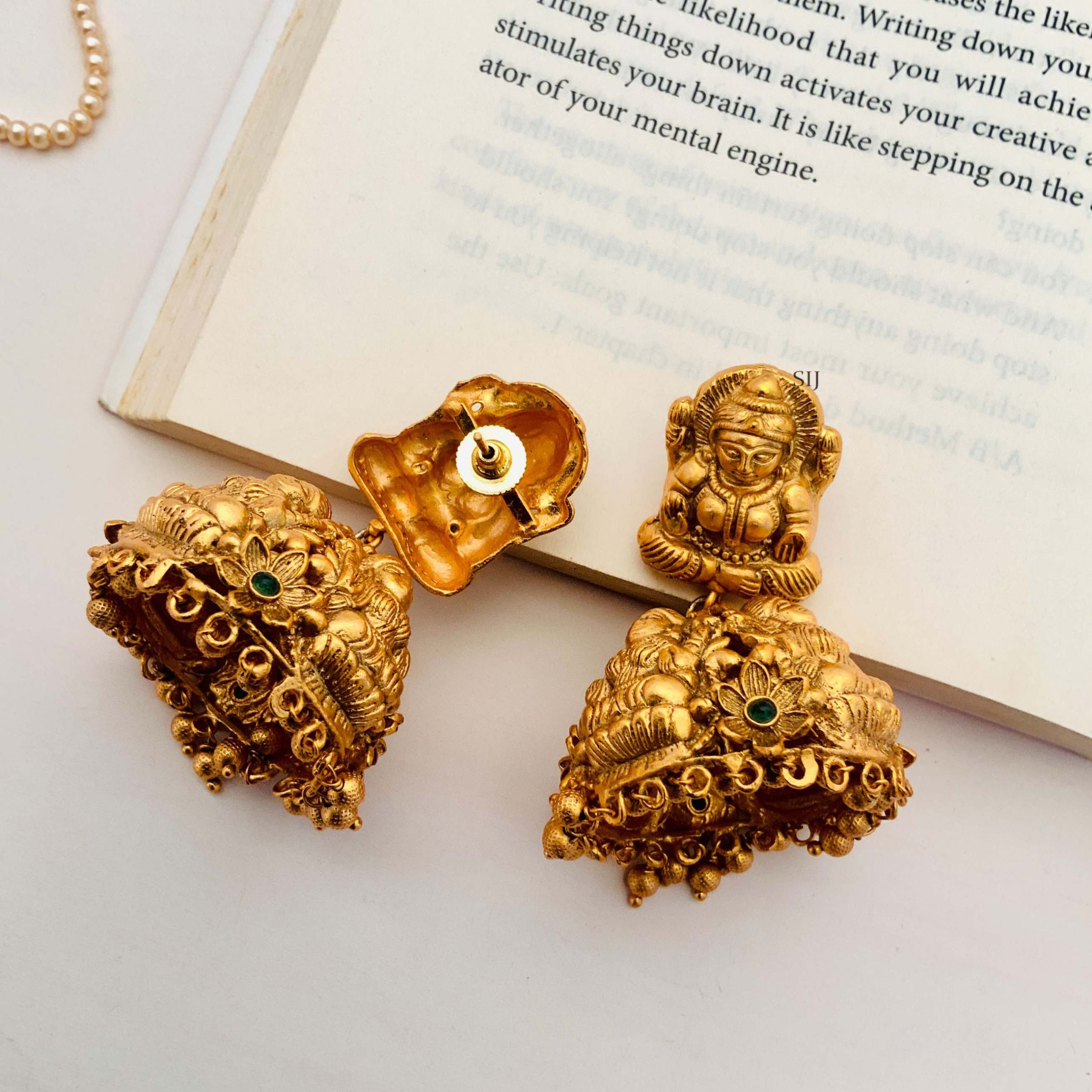Gold Plated Lakshmi Jhumkas with Gold Beads