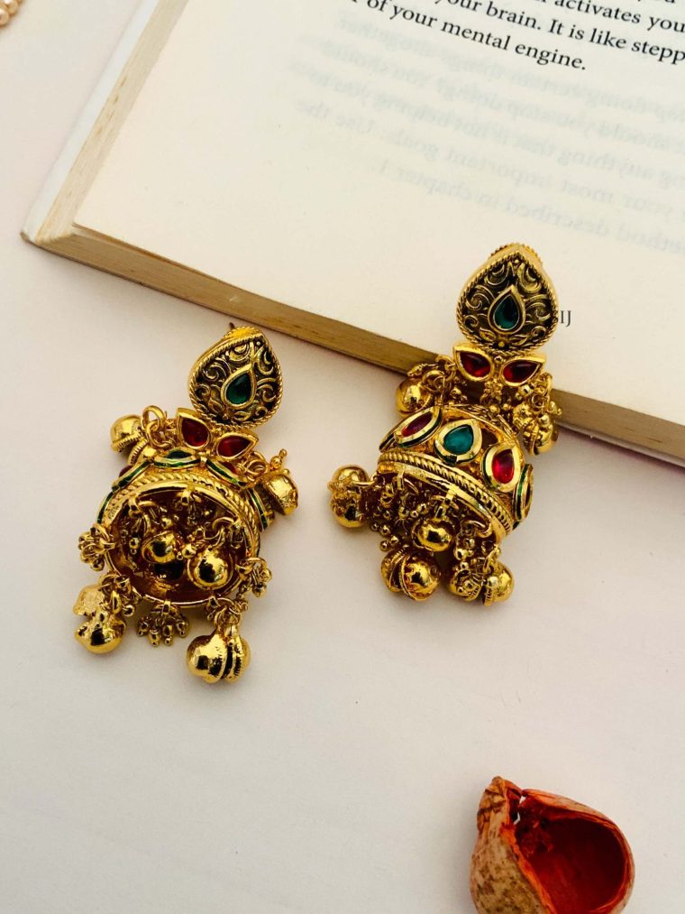 One Gram Gold Temple Jhumkas with Gold Beads