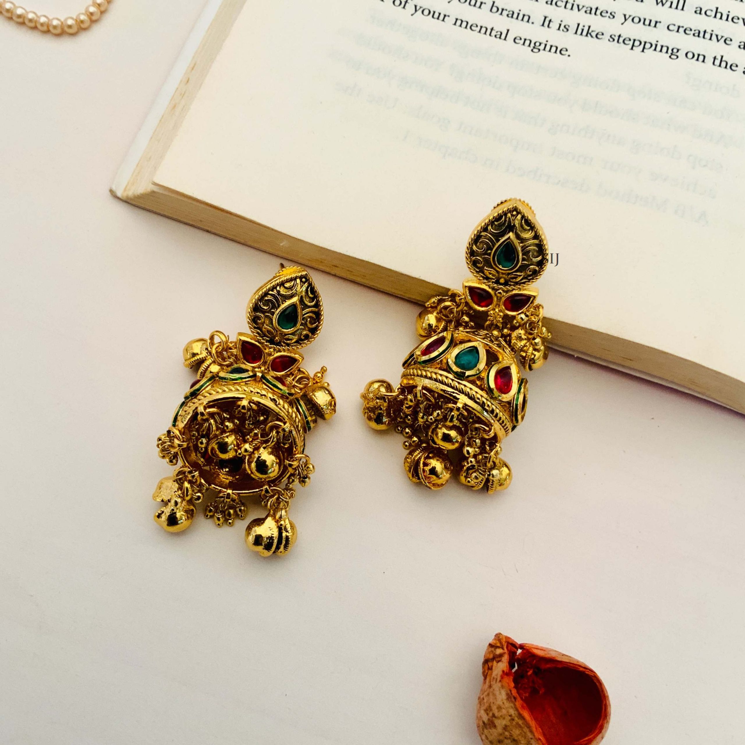 One Gram Gold Temple Jhumkas with Gold Beads