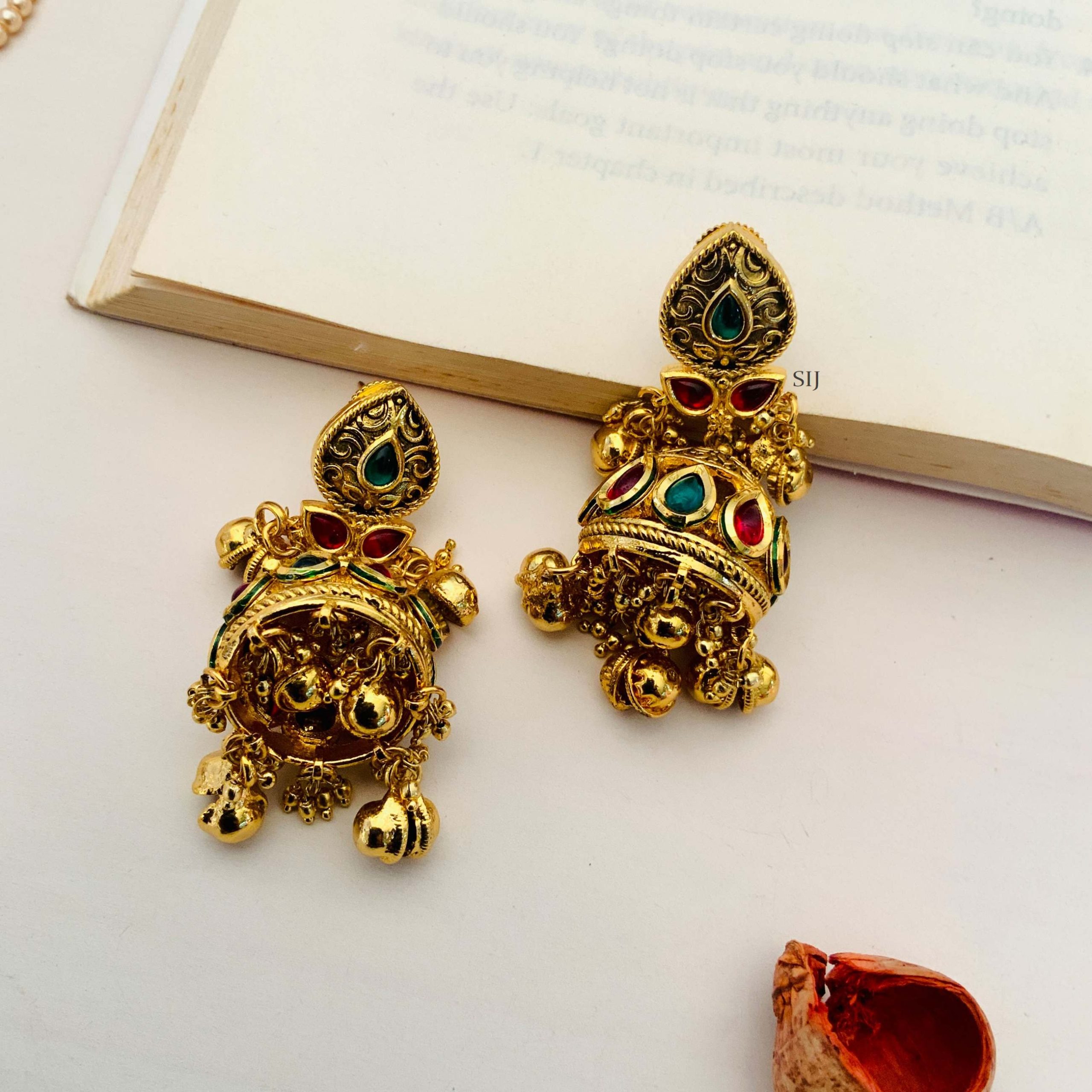 One Gram Gold Temple Jhumkas with Gold Beads