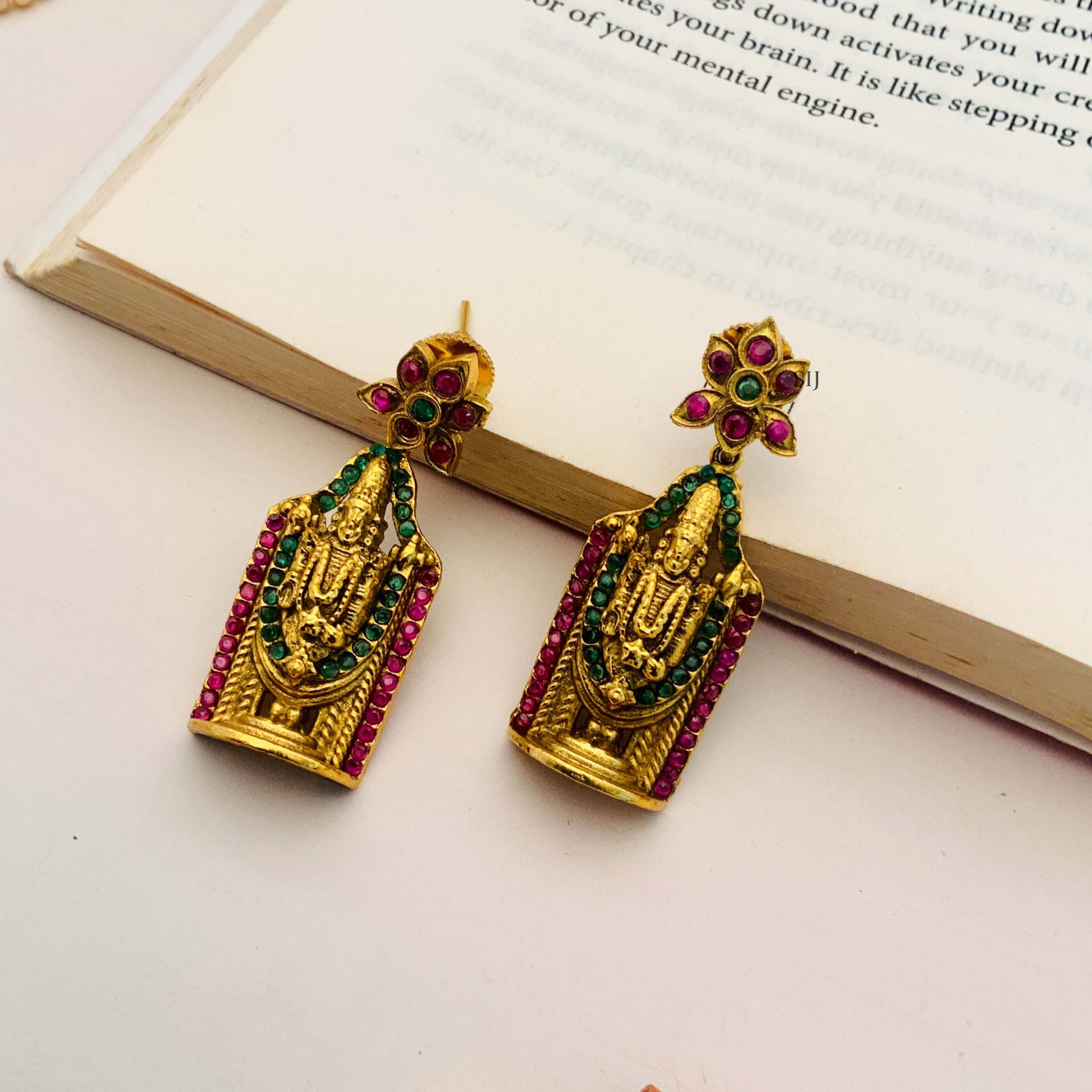 Traditional Flower Design Earrings with Venkateswara Hanging