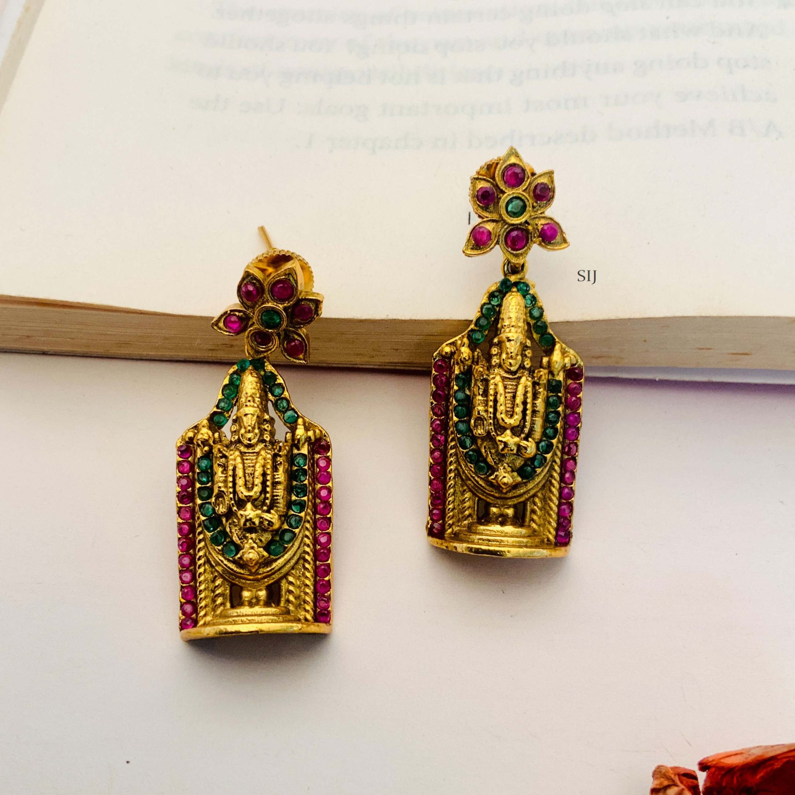 Traditional Flower Design Earrings with Venkateswara Hanging