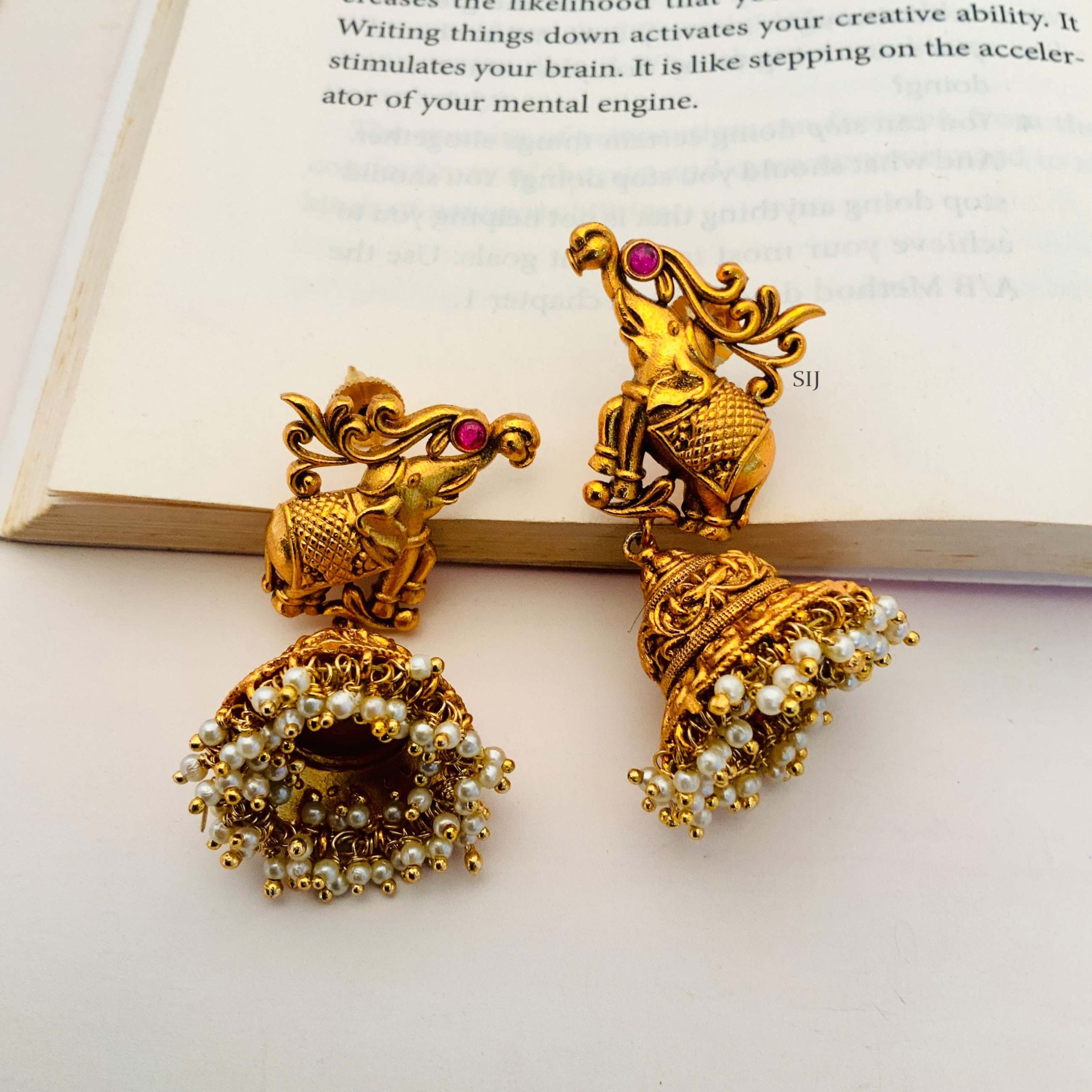 Matte Finish Elephant Jhumkas with Pearl