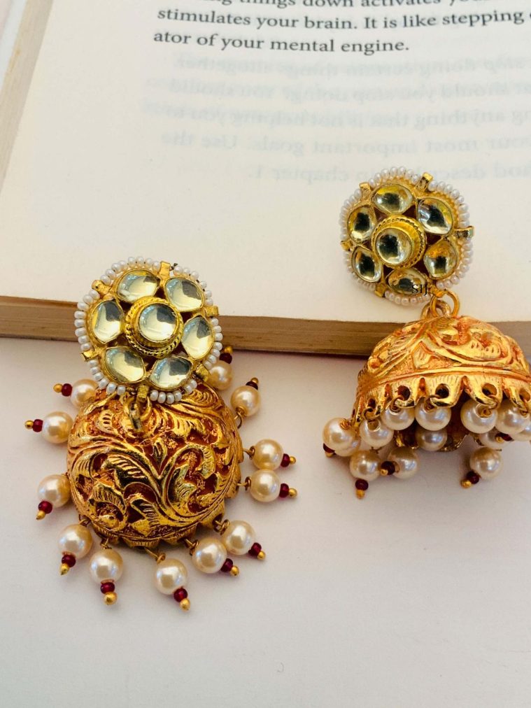 One Gram Gold Flower Design Jhumkas with Kundans