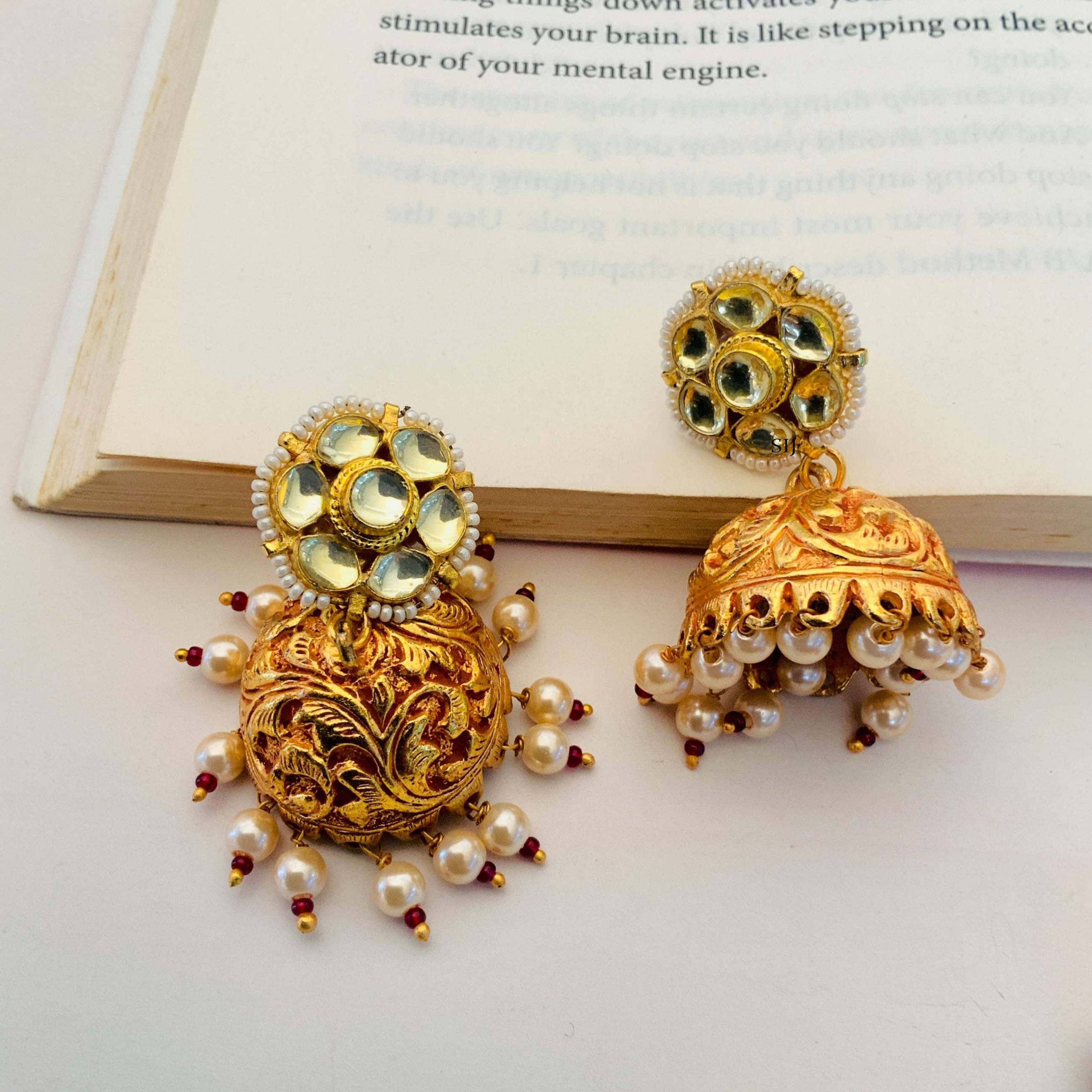 One Gram Gold Flower Design Jhumkas with Kundans