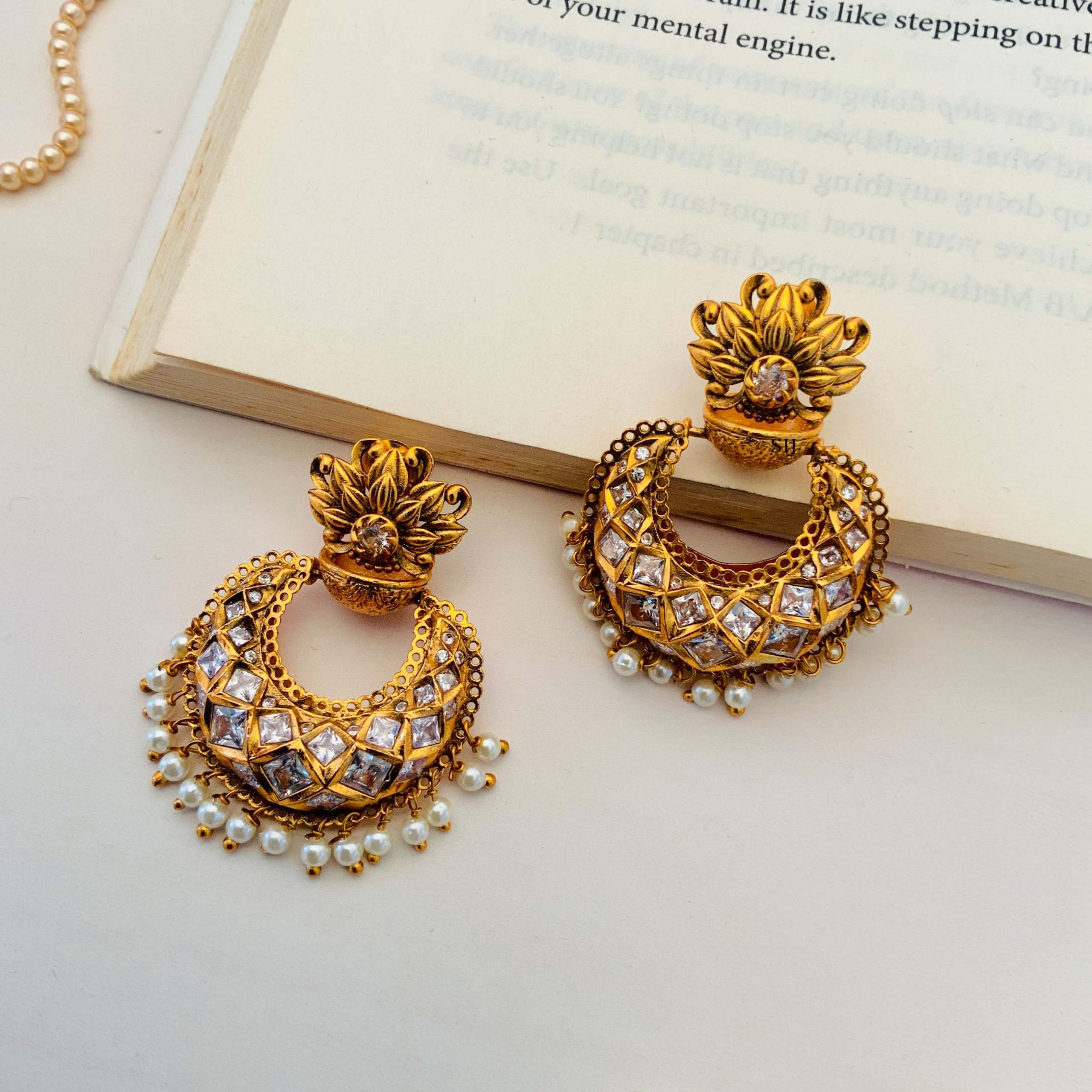 Antique Chand Bali Kundan Earrings with Pearls-2