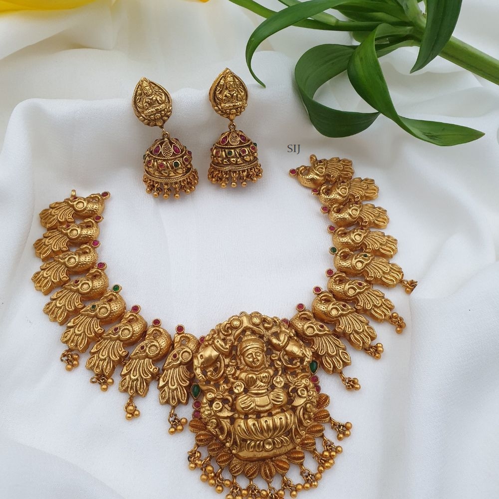 Traditional Peacock Necklace with Lakshmi Pendant