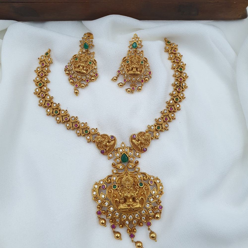 Gold Covering Multi Stone Lakshmi Pendant Necklace