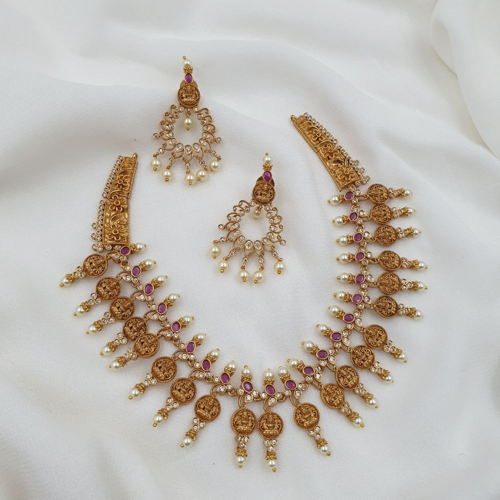 Traditional Ruby and White Stone Lakshmi Coin Necklace