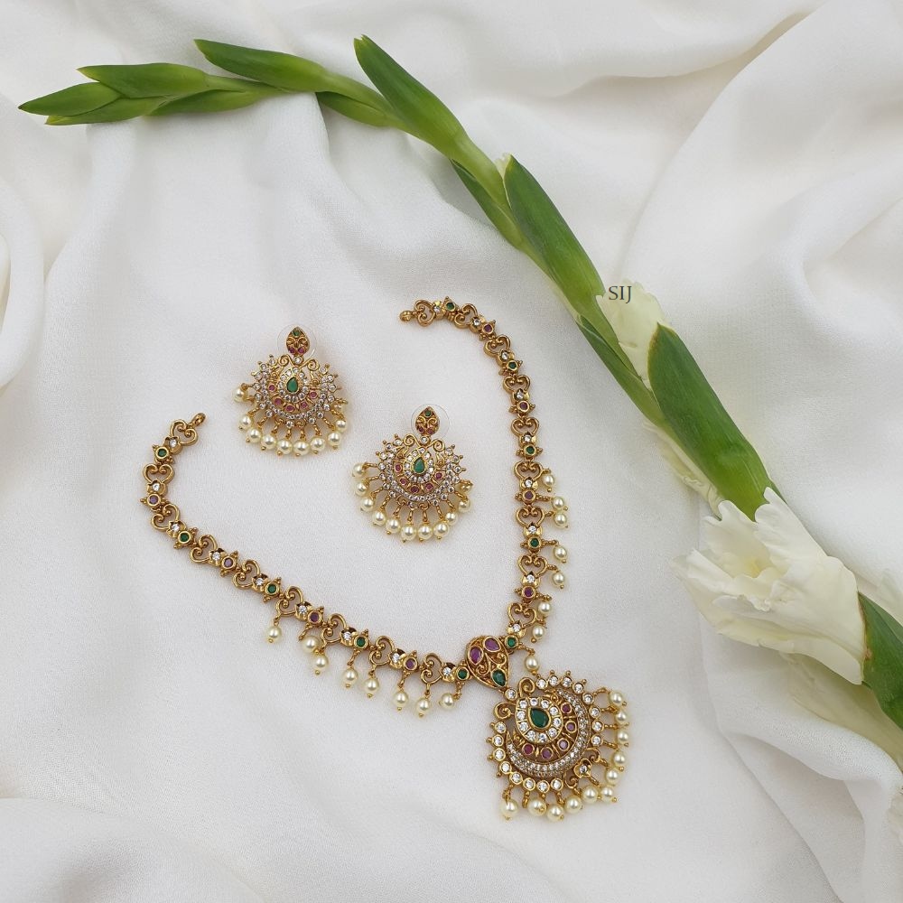 Matte Finish Multi Stone Necklace with Chand Bali Pendant
