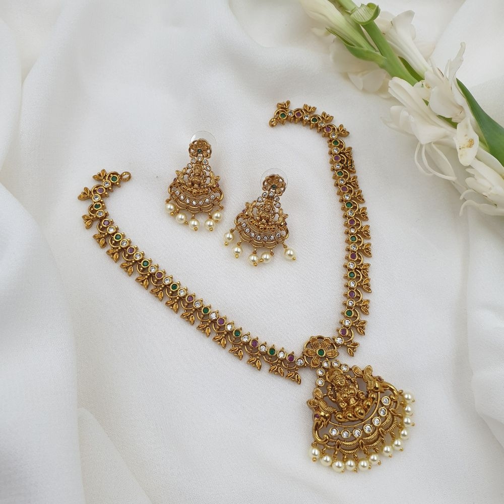 Multi Stone Lakshmi Pendant with Pearl Hangings Necklace