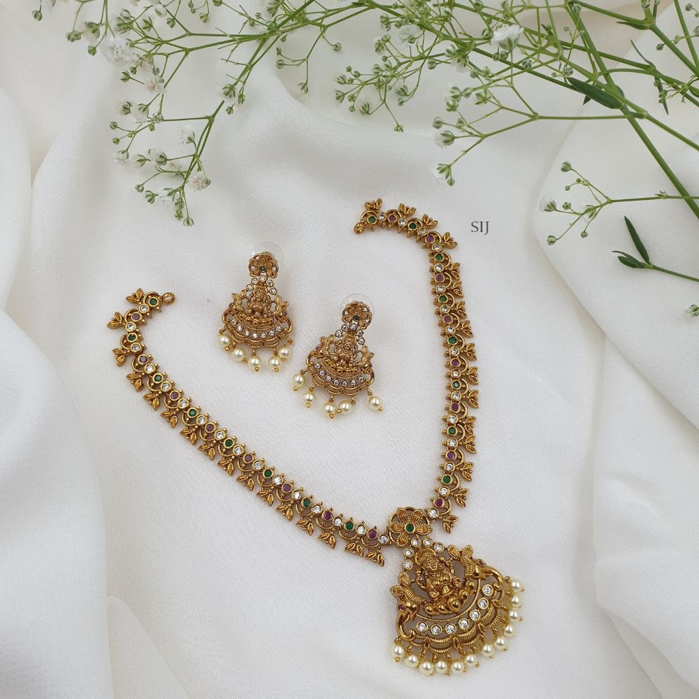 Multi Stone Lakshmi Pendant with Pearl Hangings Necklace