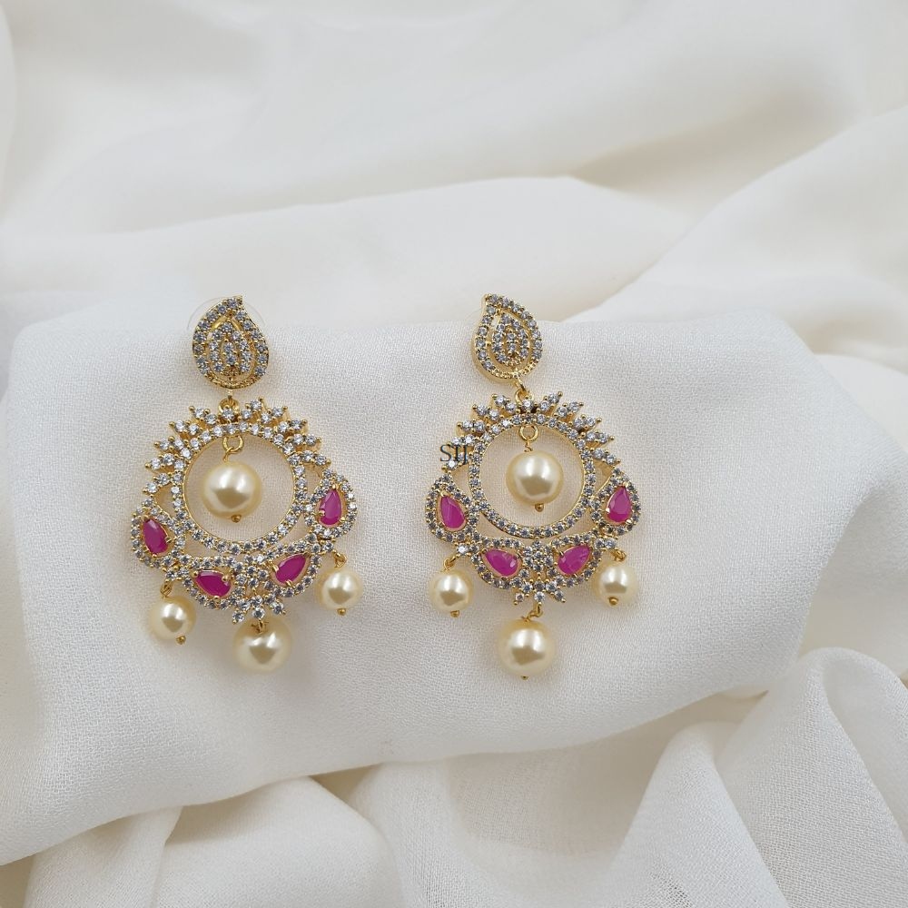 Matte Finish Pink and White Stone CZ Earrings
