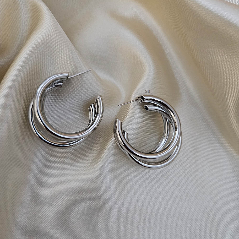 Artificial Three Layer Hoop Silver Earrings