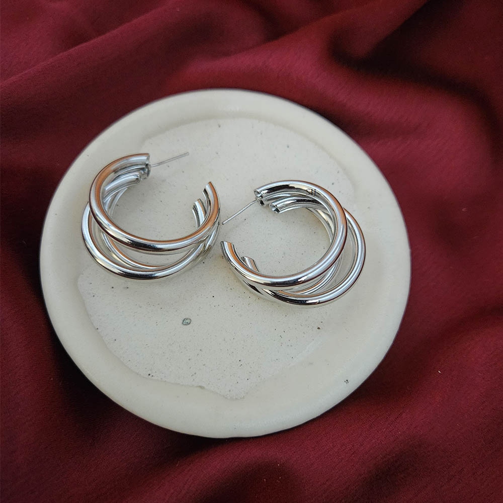 Artificial Three Layer Hoop Silver Earrings